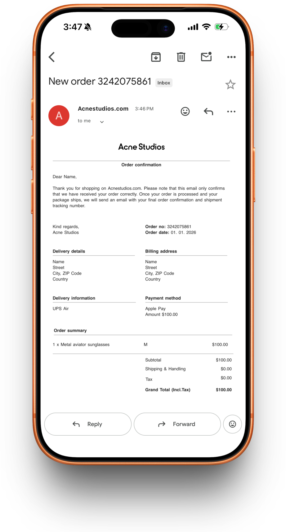 Acne Studios receipt preview