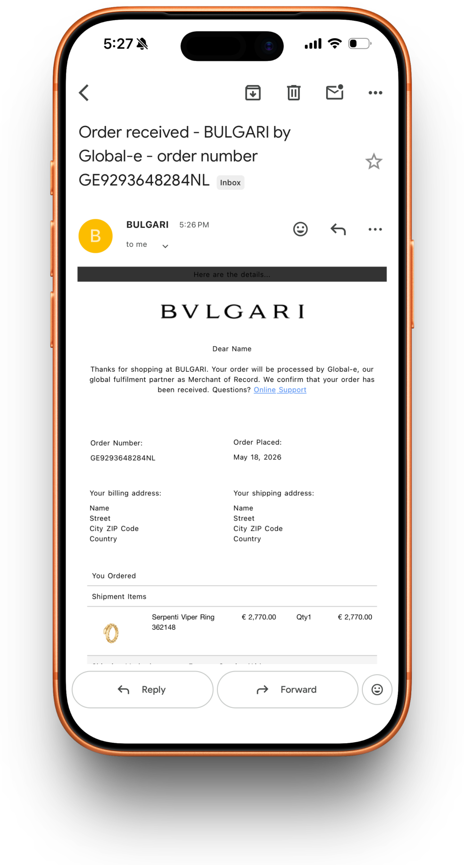 Bulgari receipt preview