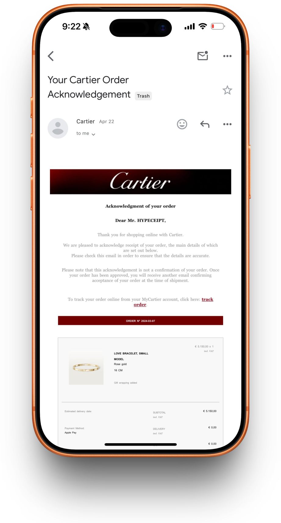 Cartier receipt preview