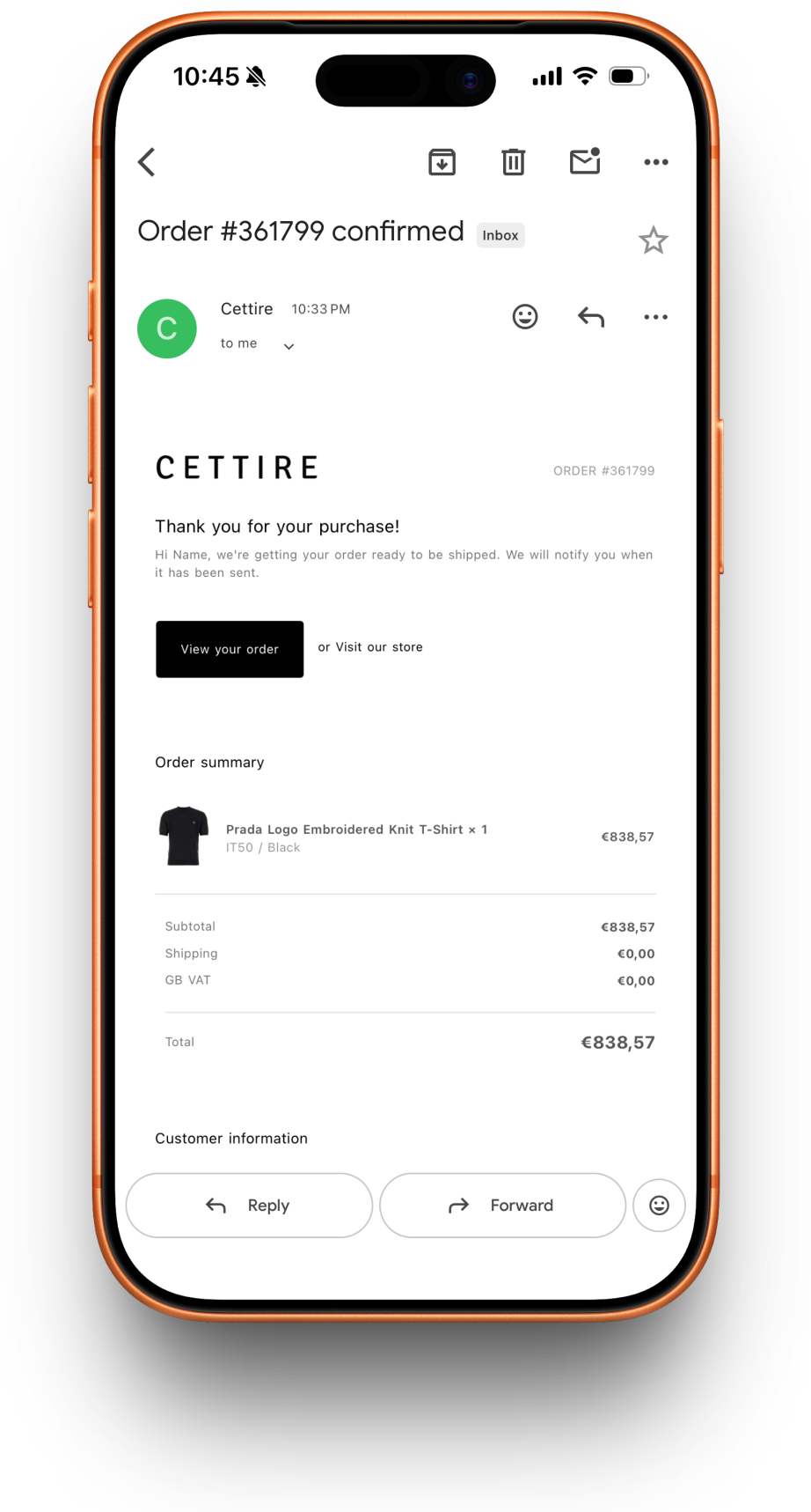 Cettire receipt preview