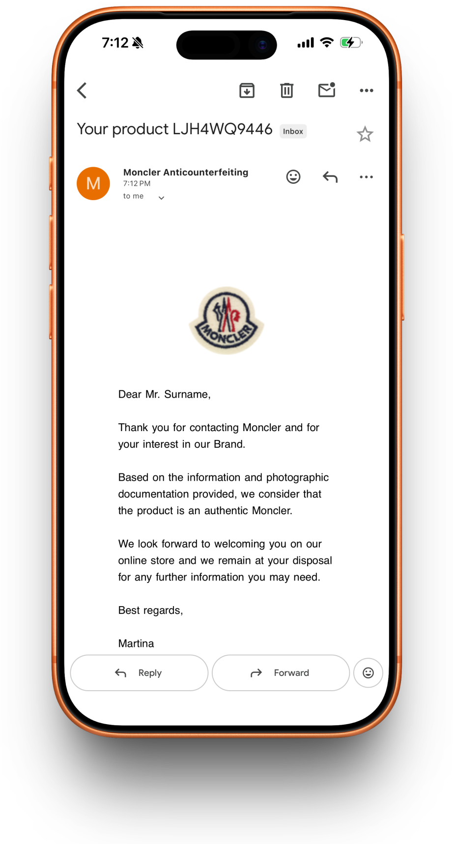 Moncler Authentication receipt preview