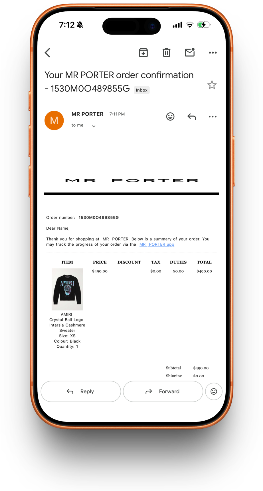Mr Porter receipt preview