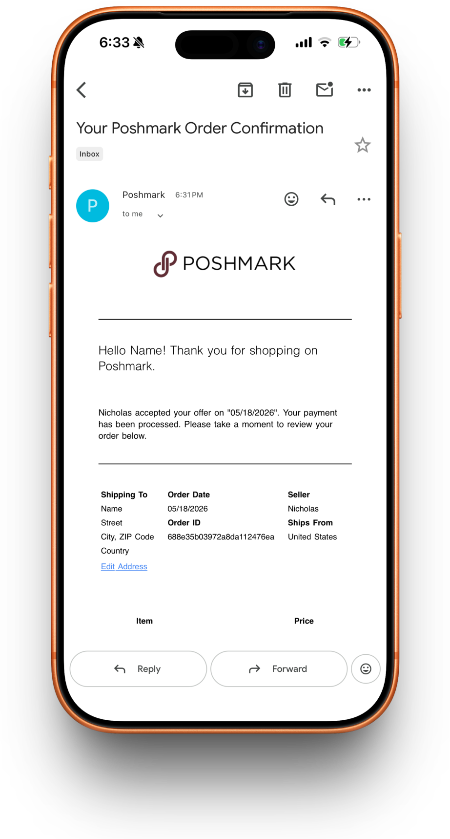 Poshmark receipt preview