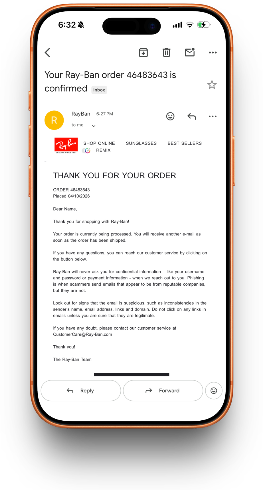 Ray-Ban receipt preview