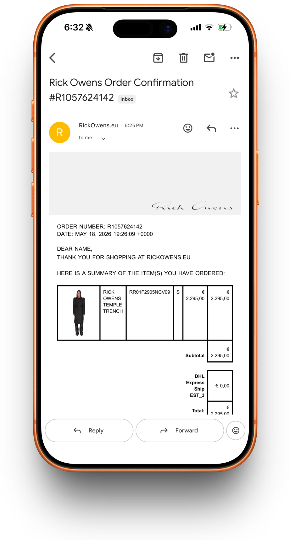 Rick Owens receipt preview