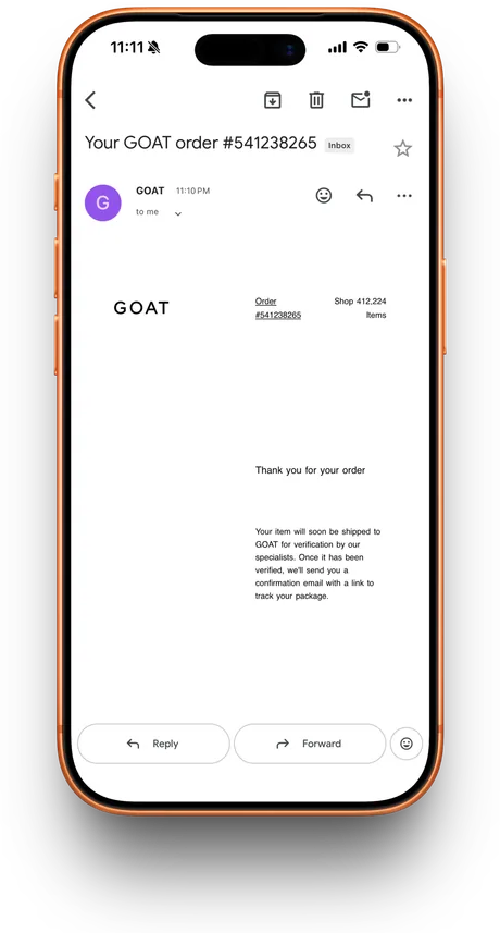 GOAT email receipt prop