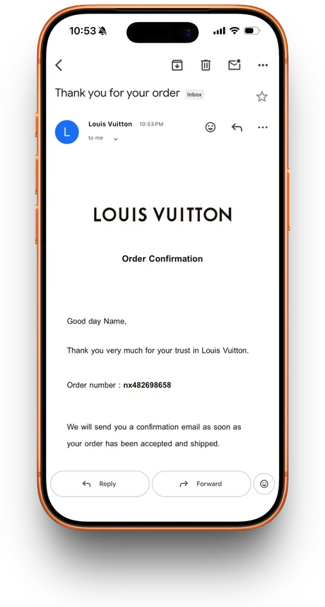 Louis Vuitton email receipt prop
