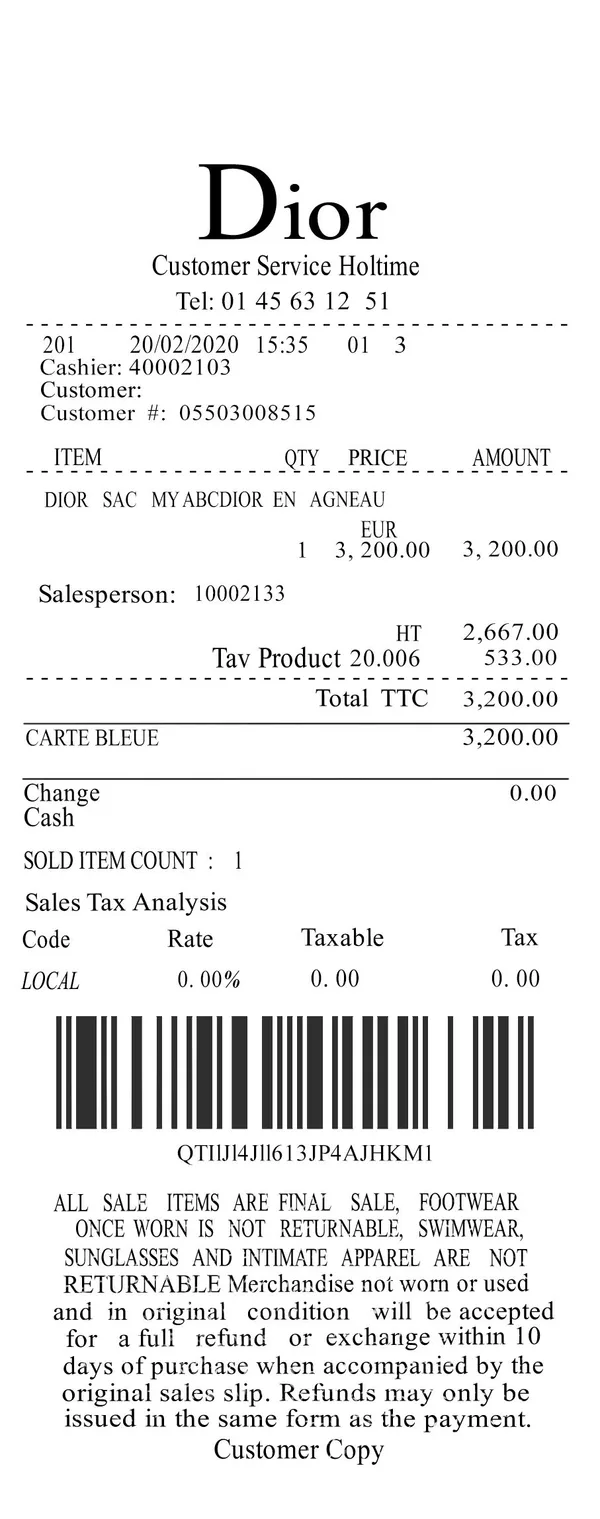 Dior thermal receipt