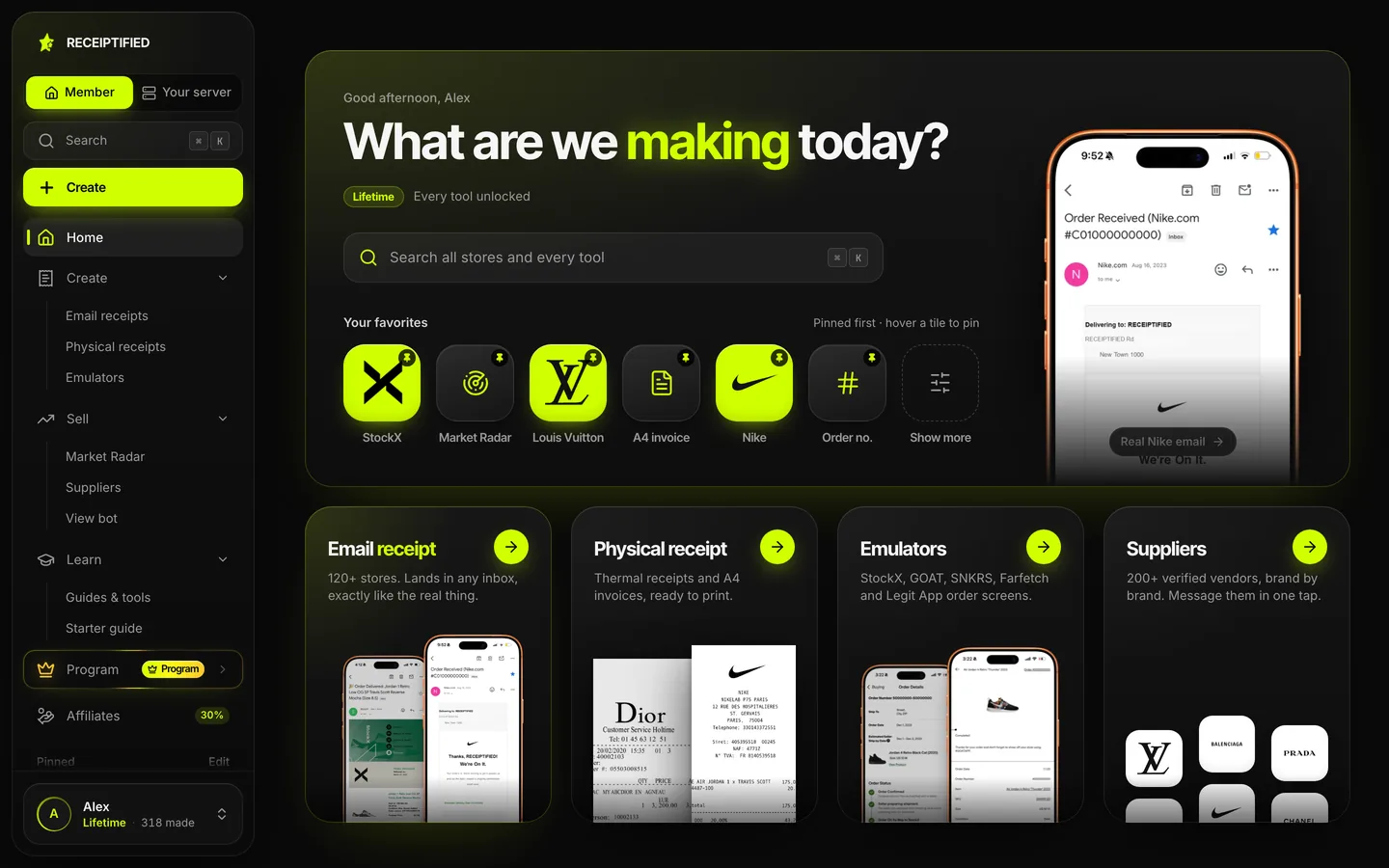 The RECEIPTIFIED members app dashboard: quick search, your stores, and every tool on one screen
