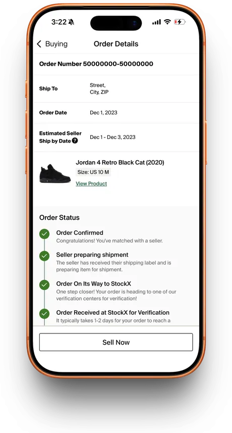 StockX order screen from the app emulator