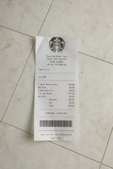 The same receipt, printed