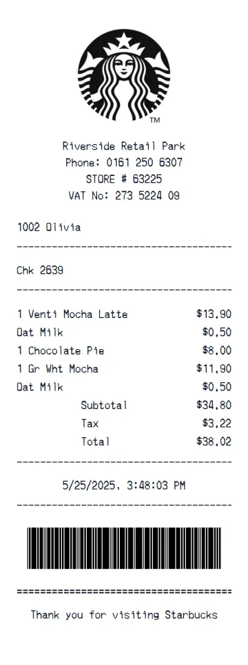 A finished Starbucks thermal receipt with every field filled in