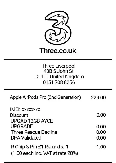Three thermal receipt (top half)
