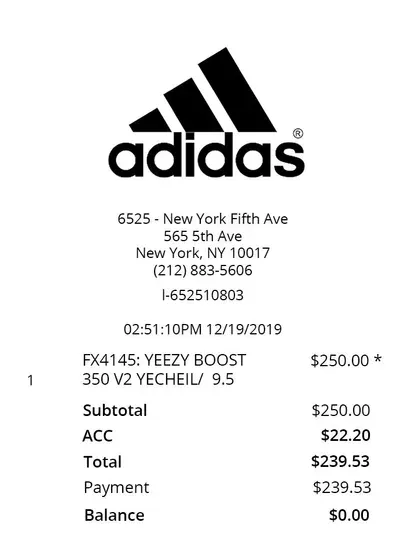 Adidas thermal receipt (top half)