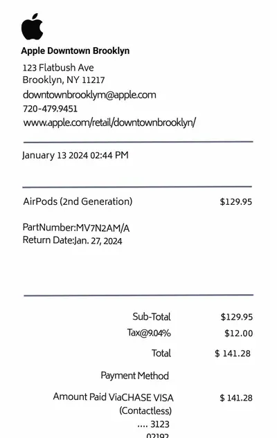 Apple thermal receipt (top half)