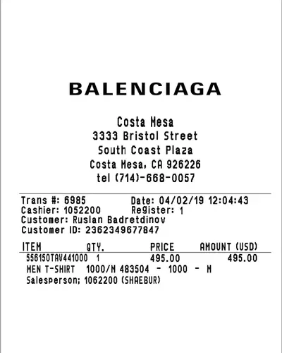 Balenciaga thermal receipt (top half)