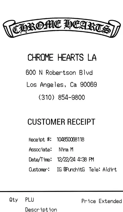 Chrome Hearts thermal receipt (top half)
