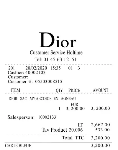 Dior thermal receipt (top half)