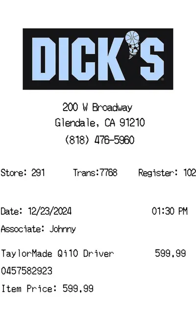 Dick's Sporting Goods thermal receipt (top half)
