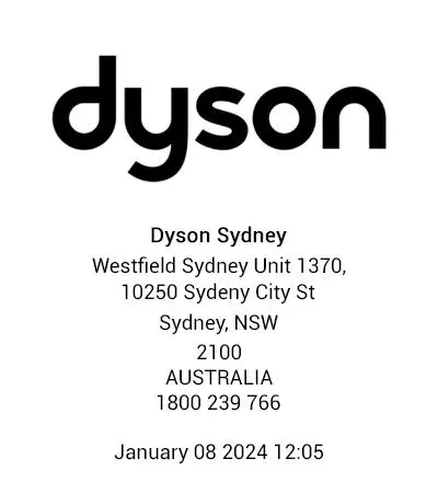 Dyson thermal receipt (top half)