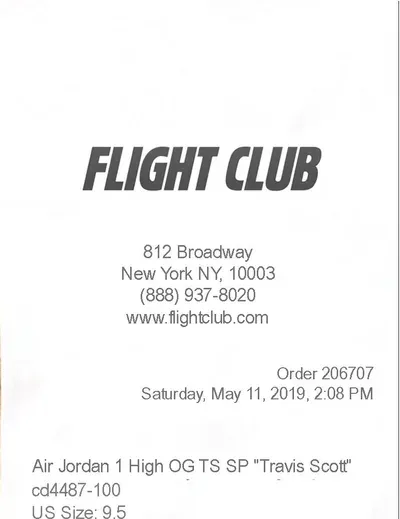 Flight Club thermal receipt (top half)