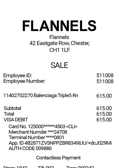 Flannels thermal receipt (top half)