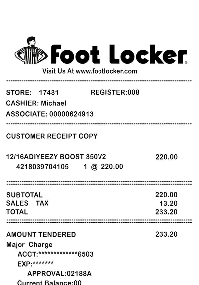 Foot Locker thermal receipt (top half)