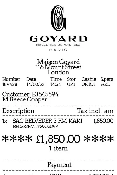 Goyard thermal receipt (top half)