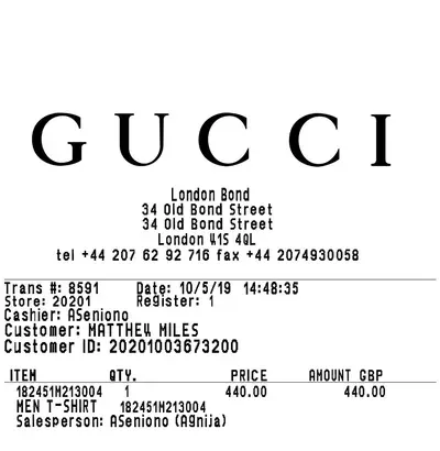 Gucci thermal receipt (top half)