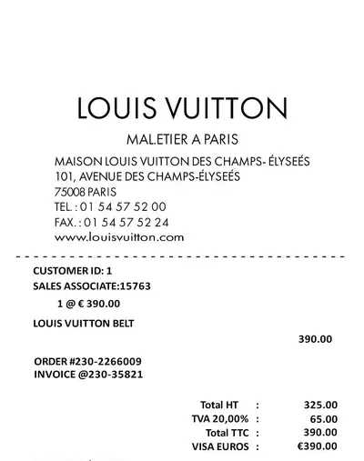 Louis Vuitton thermal receipt (top half)