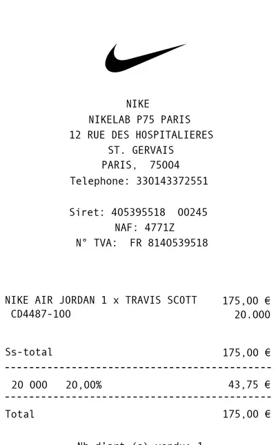 Nike thermal receipt (top half)