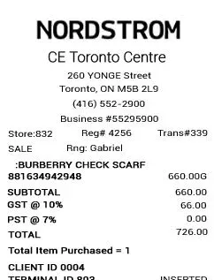 Nordstrom thermal receipt (top half)