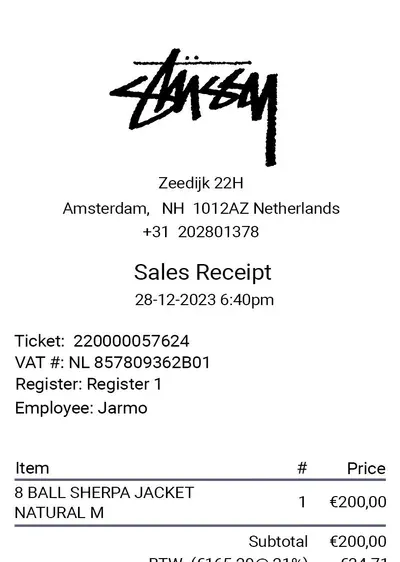 Stüssy thermal receipt (top half)