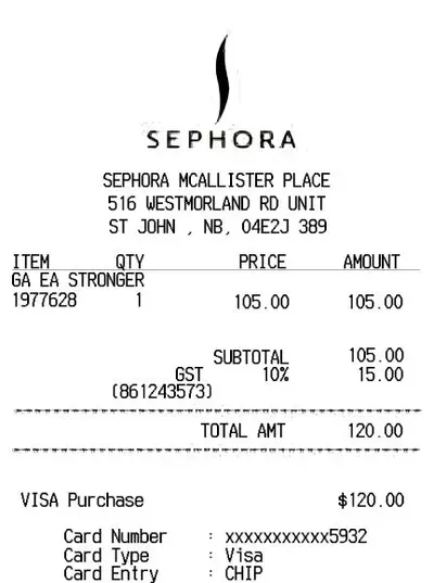 Sephora thermal receipt (top half)