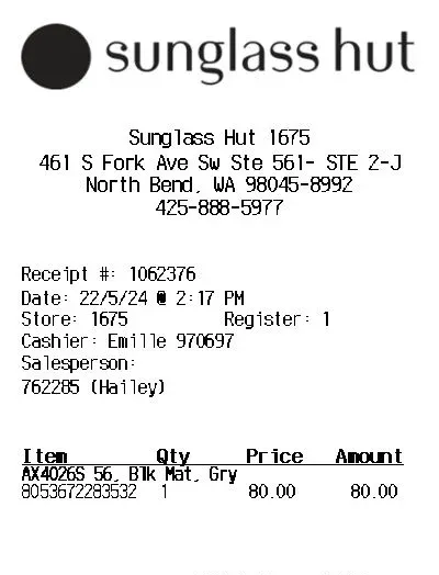 Sunglass Hut thermal receipt (top half)