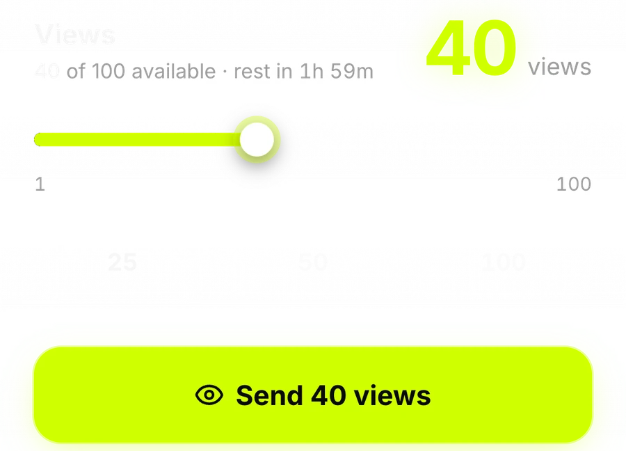 The view bot's real controls: 40 views selected, Send 40 views