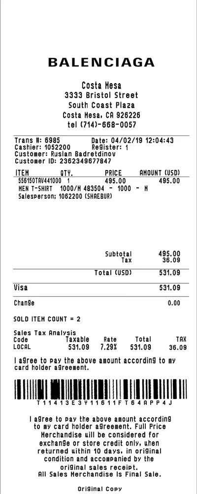 Balenciaga receipt