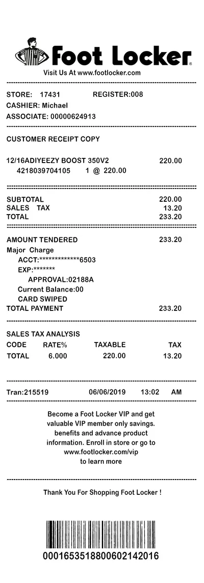 Foot Locker receipt