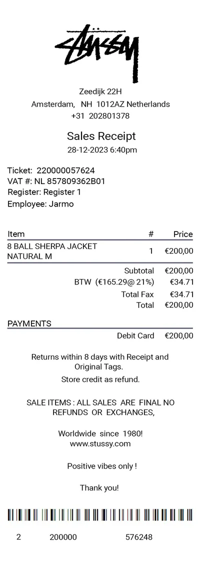 Stussy receipt