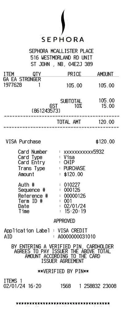 Sephora receipt